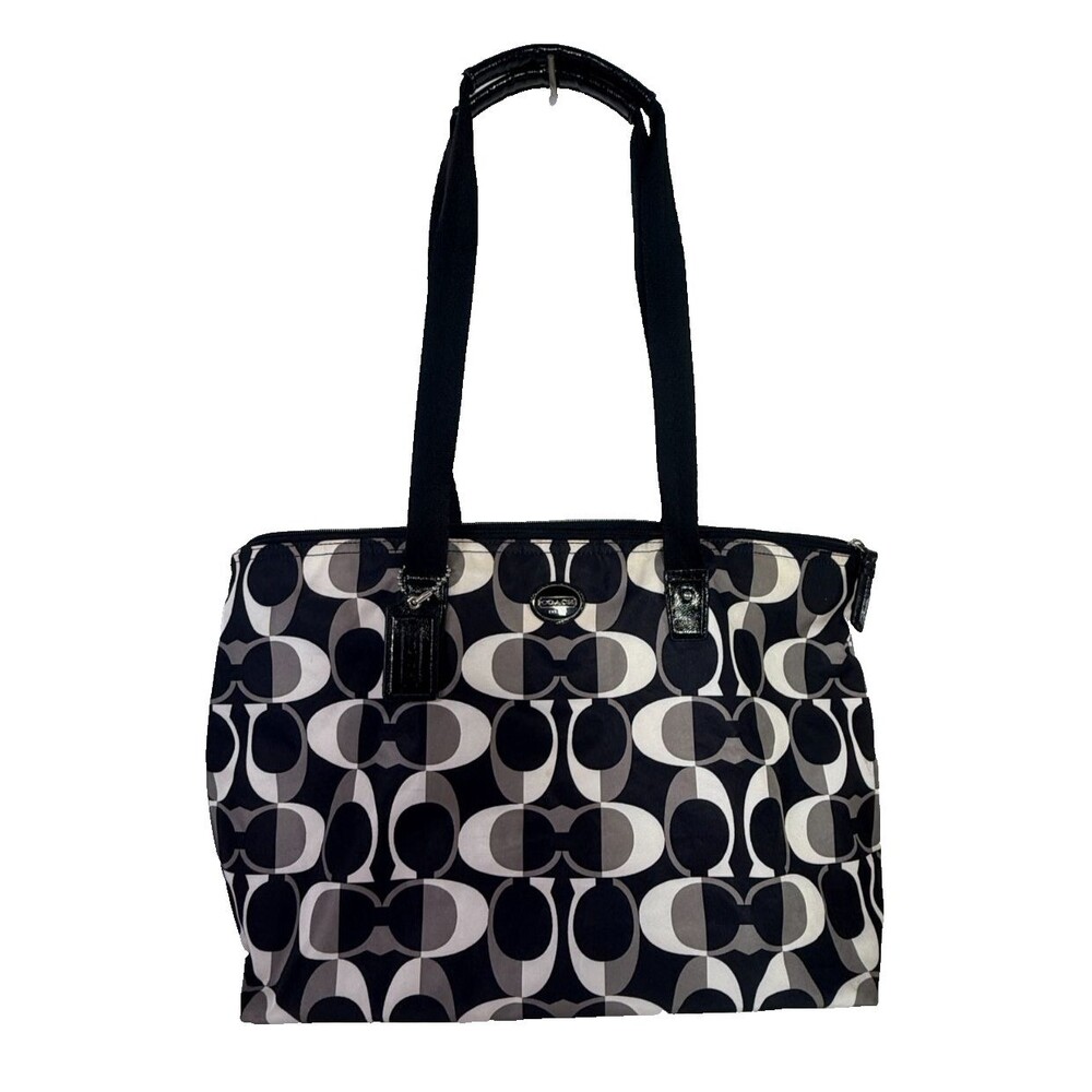 COACH Getaway Signature Nylon Packable Weekender Zip Tote Bag Black Gray White
